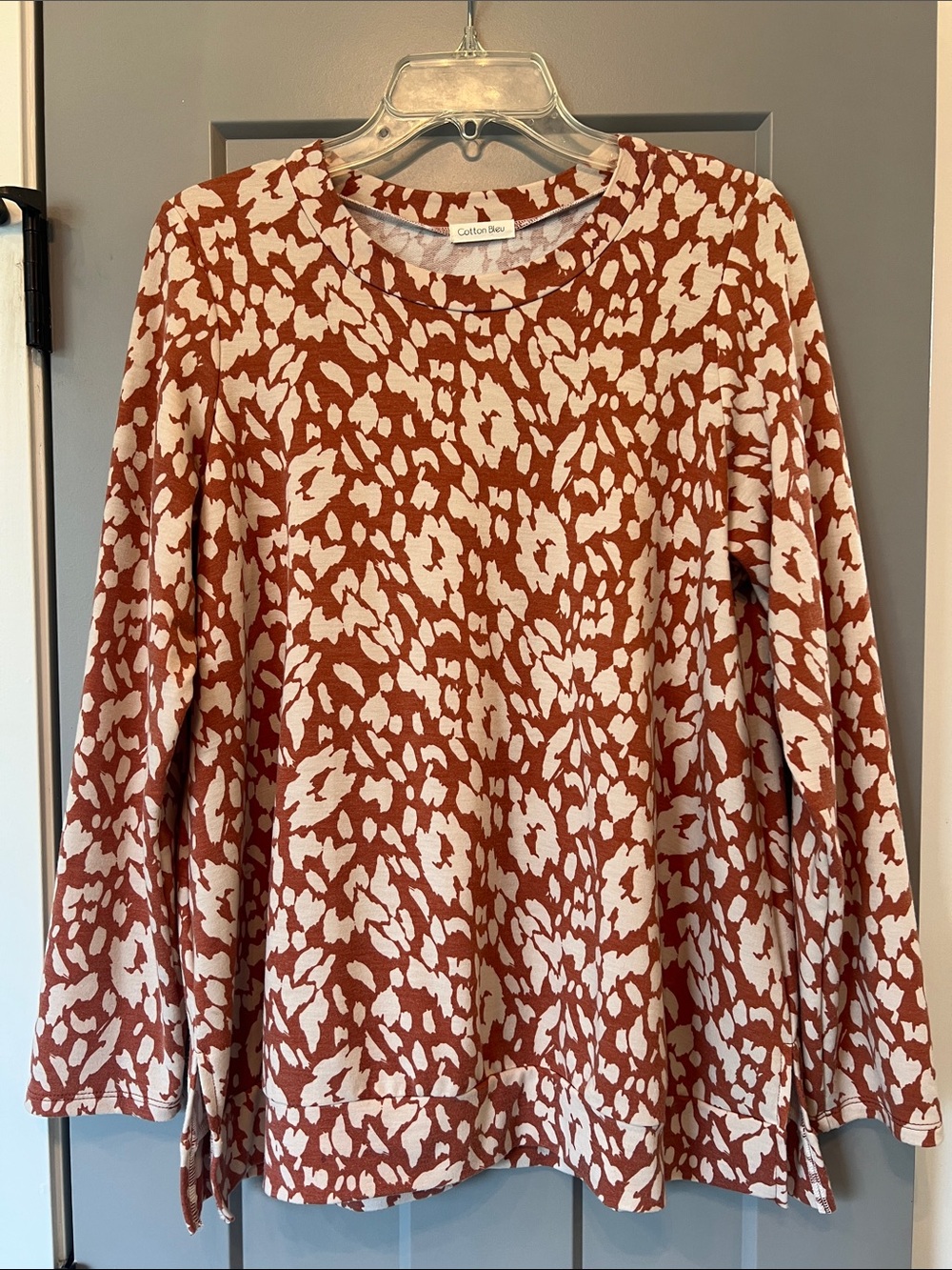 Cotton Bleu Rust & Cream Printed Long-Sleeve Over-Sized Top